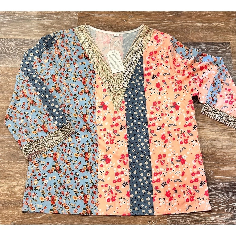 Floral Patchwork Crochet Lace V-Neck Blouse XL Blue Peach Pink Boho Top